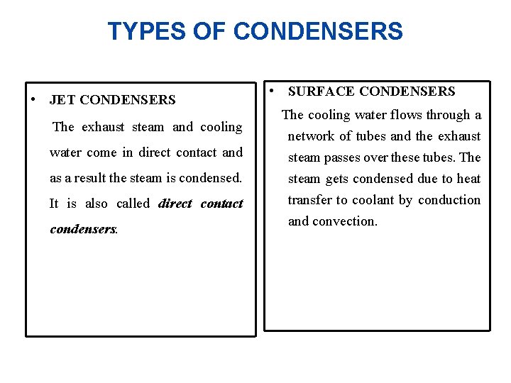 TYPES OF CONDENSERS • JET CONDENSERS The exhaust steam and cooling water come in