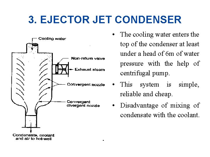 3. EJECTOR JET CONDENSER • The cooling water enters the top of the condenser