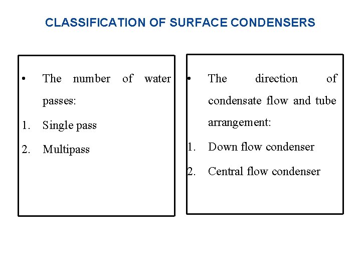 CLASSIFICATION OF SURFACE CONDENSERS • The number of water passes: 1. Single pass 2.