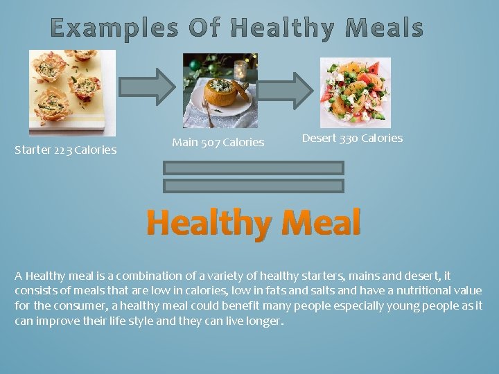 Starter 223 Calories Main 507 Calories Desert 330 Calories Healthy Meal A Healthy meal