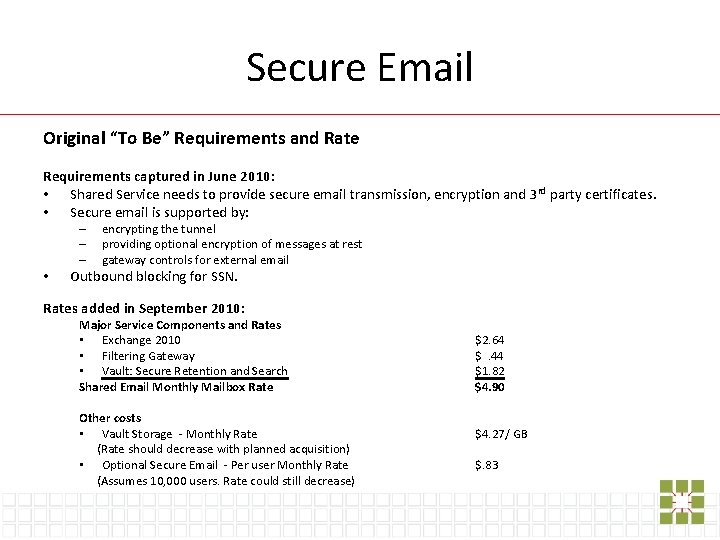 Secure Email Original “To Be” Requirements and Rate Requirements captured in June 2010: •