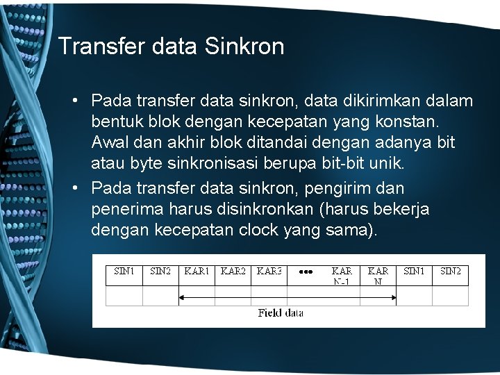 Transfer data Sinkron • Pada transfer data sinkron, data dikirimkan dalam bentuk blok dengan