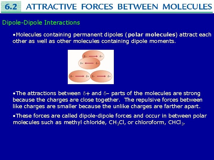 Dipole-Dipole Interactions • Molecules containing permanent dipoles (polar molecules) attract each other as well