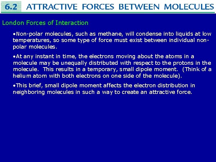 London Forces of Interaction • Non-polar molecules, such as methane, will condense into liquids