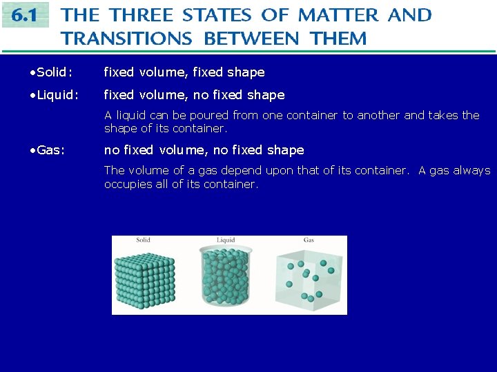  • Solid: fixed volume, fixed shape • Liquid: fixed volume, no fixed shape