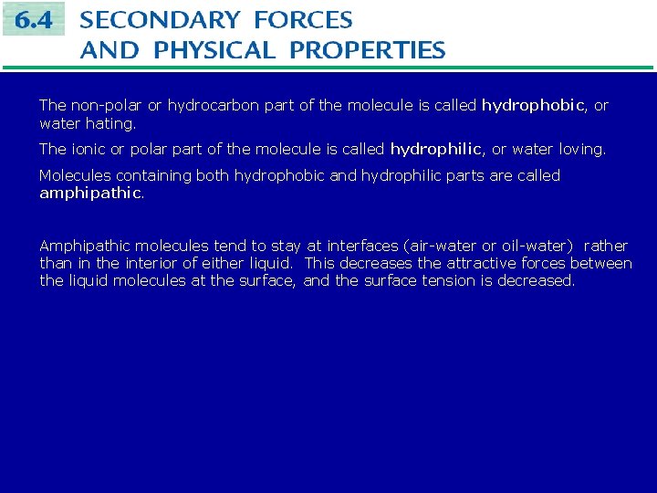 The non-polar or hydrocarbon part of the molecule is called hydrophobic, or water hating.