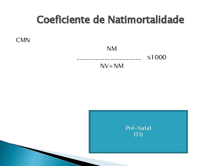 Coeficiente de Natimortalidade CMN NM ___________ x 1000 NV+NM Pré-Natal ITU 