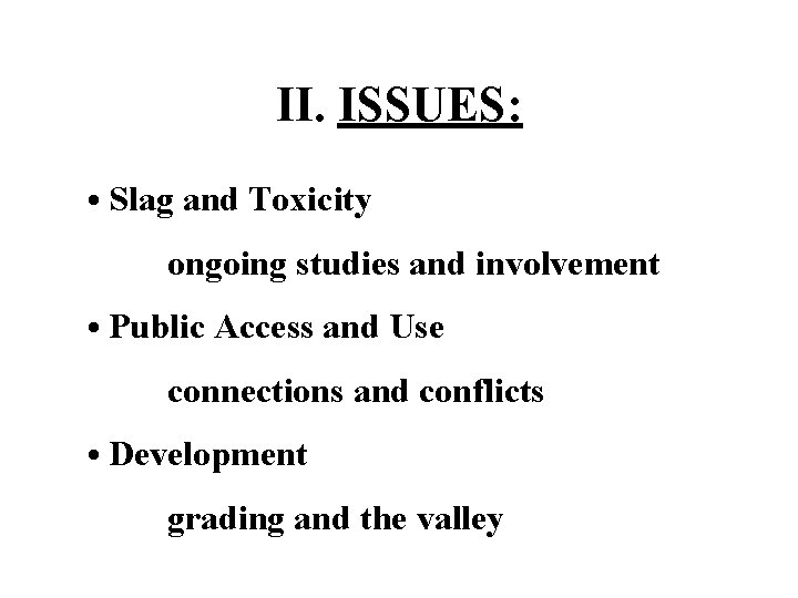 II. ISSUES: • Slag and Toxicity ongoing studies and involvement • Public Access and