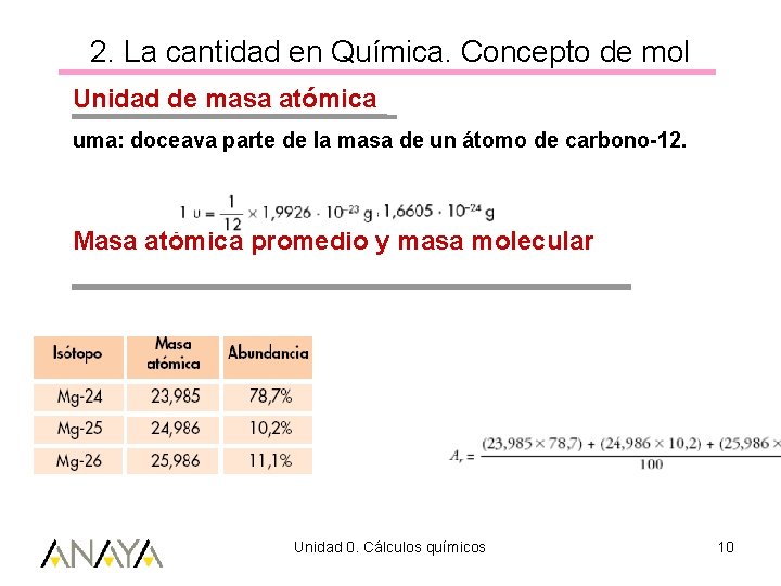 2. La cantidad en Química. Concepto de mol Unidad de masa atómica uma: doceava