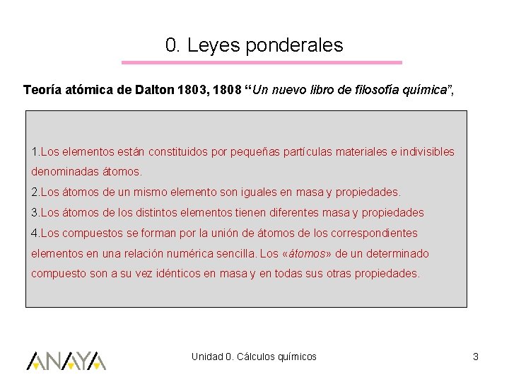 0. Leyes ponderales Teoría atómica de Dalton 1803, 1808 “Un nuevo libro de filosofía