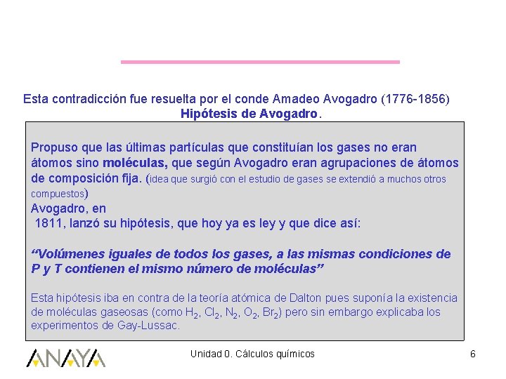 Esta contradicción fue resuelta por el conde Amadeo Avogadro (1776 -1856) Hipótesis de Avogadro.