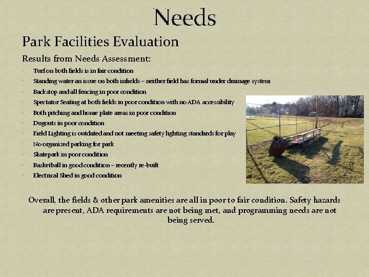 Needs Park Facilities Evaluation Results from Needs Assessment: • Turf on both fields is Needs Park Facilities Evaluation Results from Needs Assessment: • Turf on both fields is