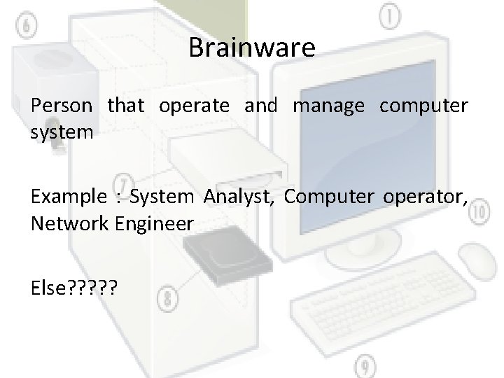 Brainware Person that operate and manage computer system Example : System Analyst, Computer operator,