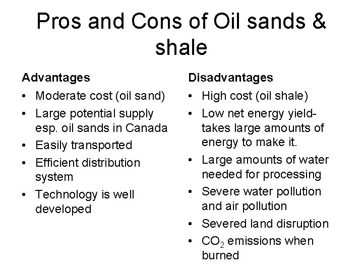 Pros and Cons of Oil sands & shale Advantages Disadvantages • Moderate cost (oil