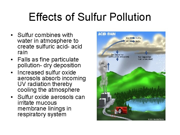 Effects of Sulfur Pollution • Sulfur combines with water in atmosphere to create sulfuric