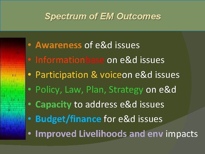 Spectrum of EM Outcomes • • Awareness of e&d issues Informationbase on e&d issues