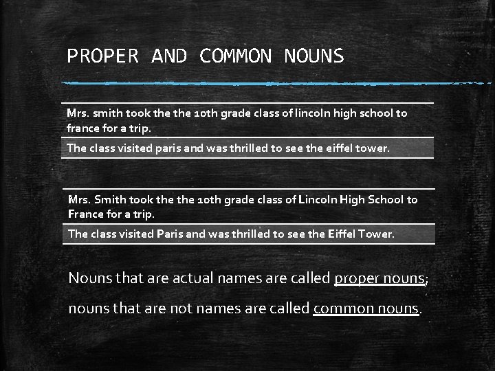 PROPER AND COMMON NOUNS Mrs. smith took the 10 th grade class of lincoln