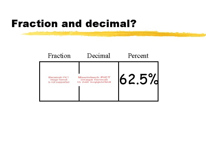 Fraction and decimal? Fraction Decimal Percent 62. 5% 