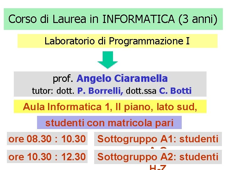 Corso di Laurea in INFORMATICA (3 anni) Laboratorio di Programmazione I prof. Angelo Ciaramella