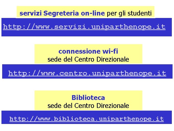 servizi Segreteria on-line per gli studenti http: //www. servizi. uniparthenope. it connessione wi-fi sede