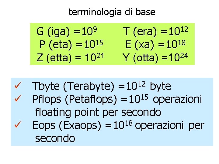 terminologia di base G (iga) =109 P (eta) =1015 Z (etta) = 1021 T
