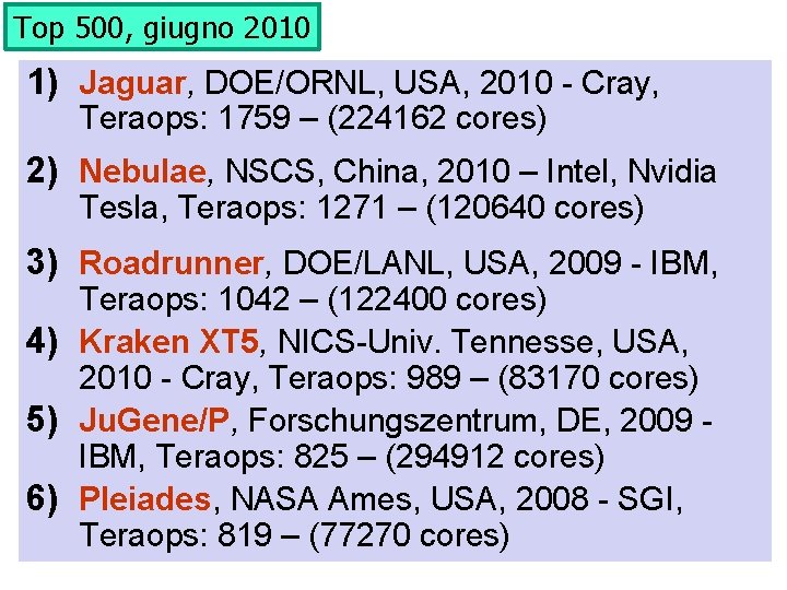 Top 500, giugno 2010 1) Jaguar, DOE/ORNL, USA, 2010 - Cray, Teraops: 1759 –