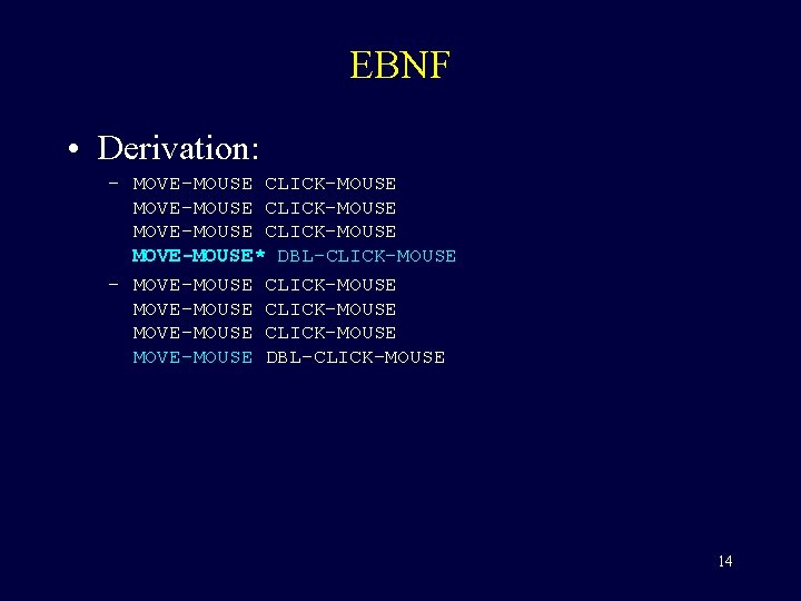 EBNF • Derivation: – MOVE-MOUSE CLICK-MOUSE MOVE-MOUSE* DBL-CLICK-MOUSE – MOVE-MOUSE CLICK-MOUSE MOVE-MOUSE DBL-CLICK-MOUSE 14
