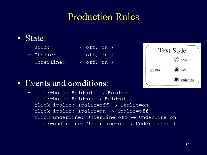 Production Rules • State: – Bold: – Italic: – Underline: { off, on }