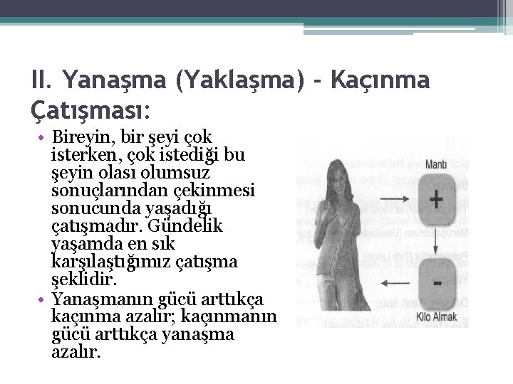 II. Yanaşma (Yaklaşma) - Kaçınma Çatışması: • Bireyin, bir şeyi çok isterken, çok istediği