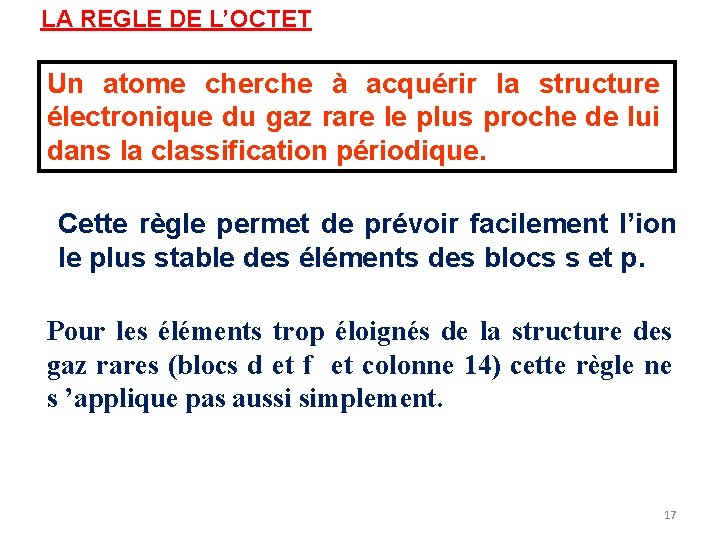 LA REGLE DE L’OCTET Un atome cherche à acquérir la structure électronique du gaz LA REGLE DE L’OCTET Un atome cherche à acquérir la structure électronique du gaz