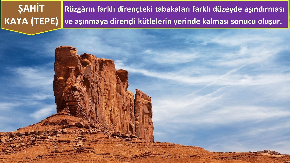 ŞAHİT KAYA (TEPE) Rüzgârın farklı dirençteki tabakaları farklı düzeyde aşındırması ve aşınmaya dirençli kütlelerin