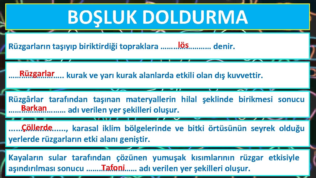 BOŞLUK DOLDURMA lös Rüzgarların taşıyıp biriktirdiği topraklara ………… denir. Rüzgarlar kurak ve yarı kurak