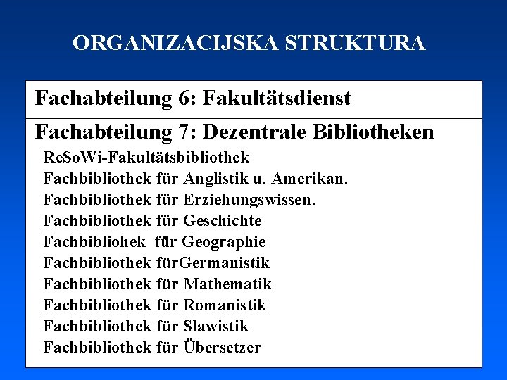 ORGANIZACIJSKA STRUKTURA Fachabteilung 6: Fakultätsdienst Fachabteilung 7: Dezentrale Bibliotheken Re. So. Wi-Fakultätsbibliothek Fachbibliothek für