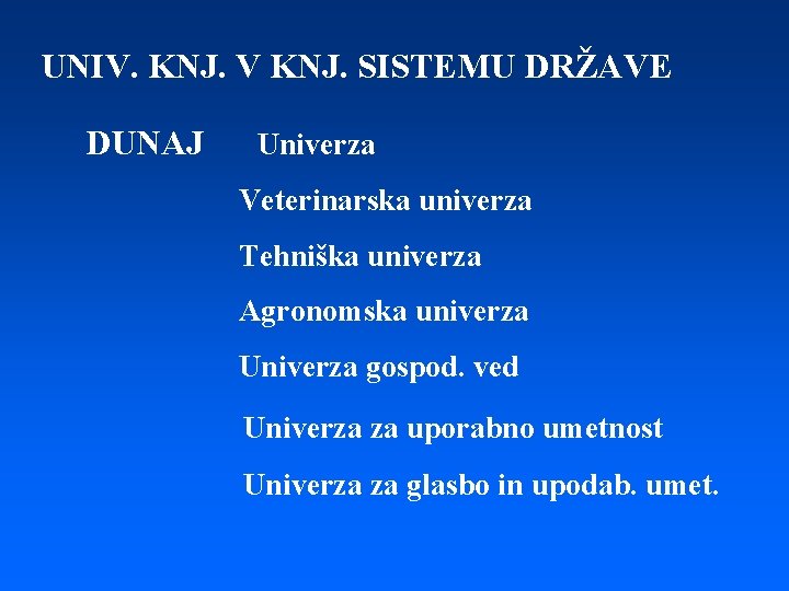 UNIV. KNJ. V KNJ. SISTEMU DRŽAVE DUNAJ Univerza Veterinarska univerza Tehniška univerza Agronomska univerza