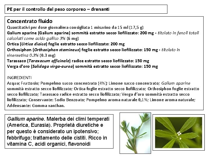 PE per il controllo del peso corporeo – drenanti Concentrato fluido Quantitativi per dose