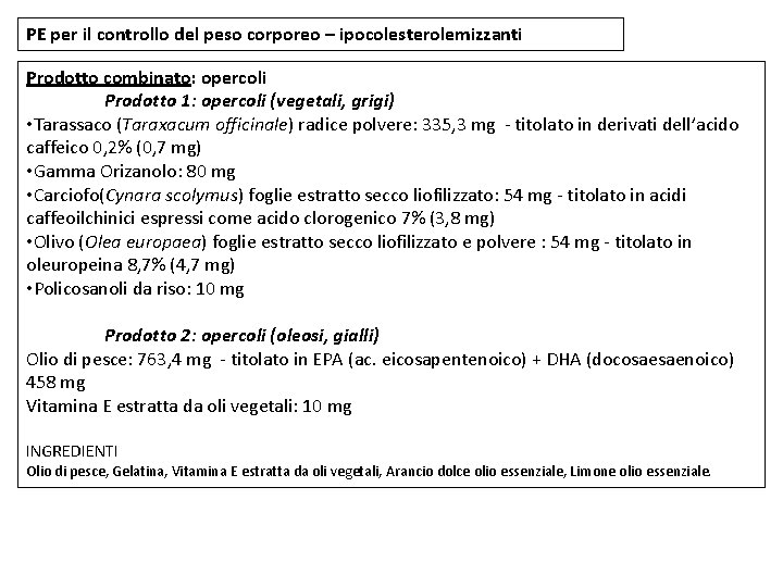 PE per il controllo del peso corporeo – ipocolesterolemizzanti Prodotto combinato: opercoli Prodotto 1: