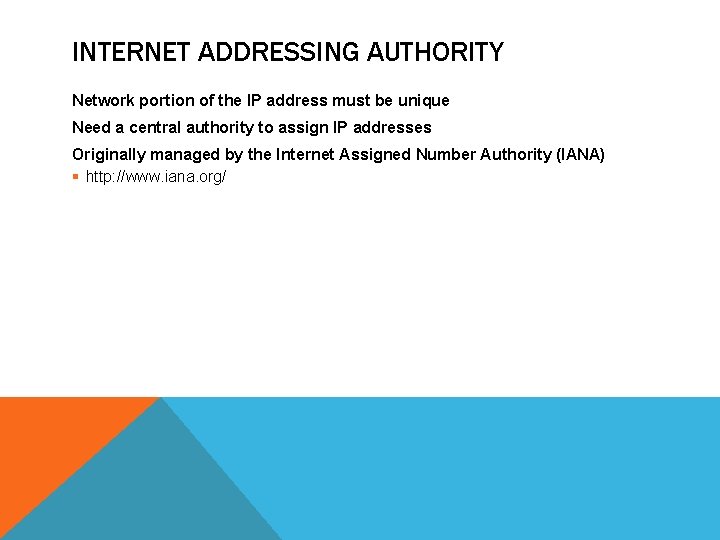 INTERNET ADDRESSING AUTHORITY Network portion of the IP address must be unique Need a