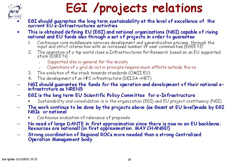 EGI /projects relations § § EGI should guarantee the long term sustainability at the