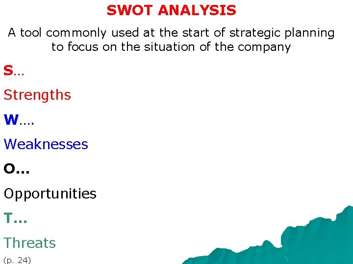 SWOT ANALYSIS A tool commonly used at the start of strategic planning to focus