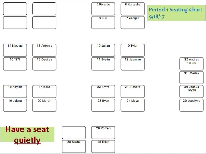 Period 1 Seating Chart 9/18/17 Have a seat quietly 