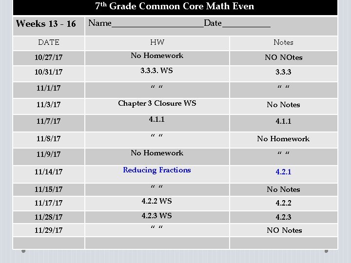 7 th Grade Common Core Math Even Weeks 13 - 16 Name___________Date______ DATE HW