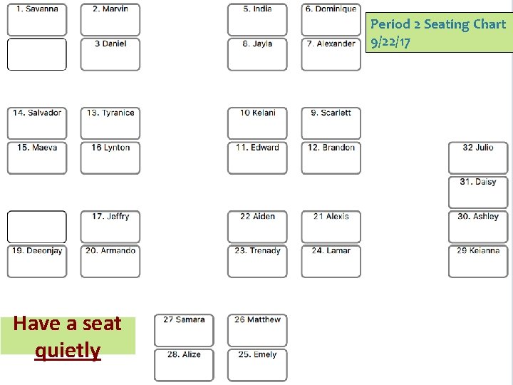 Period 2 Seating Chart 9/22/17 Have a seat quietly 