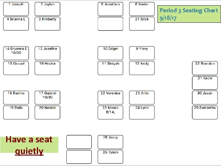 Period 3 Seating Chart 9/18/17 Have a seat quietly 