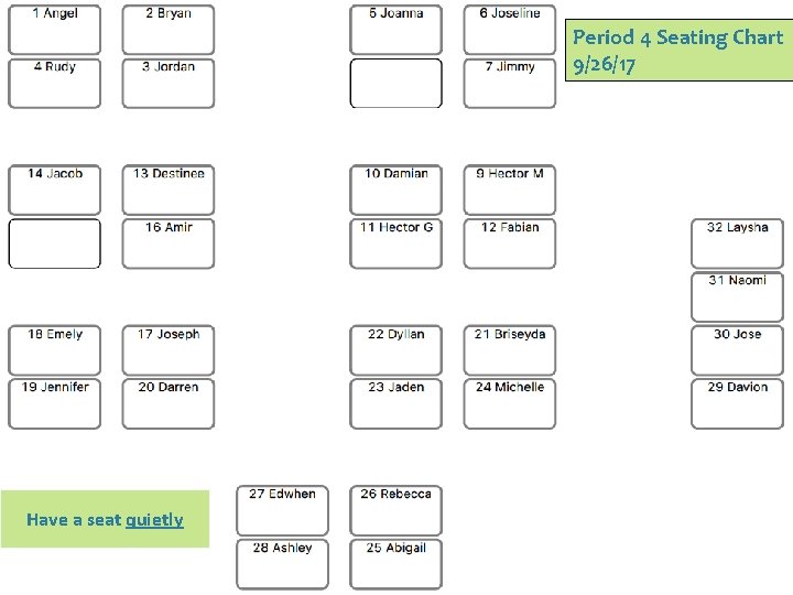 Period 4 Seating Chart 9/26/17 Have a seat quietly 