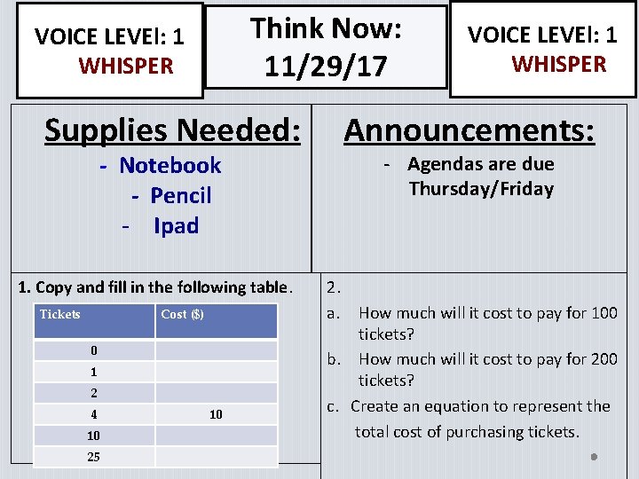 Think Now: 11/29/17 VOICE LEVEl: 1 WHISPER Supplies Needed: Announcements: - Agendas are due