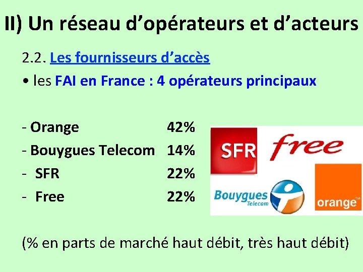 II) Un réseau d’opérateurs et d’acteurs 2. 2. Les fournisseurs d’accès • les FAI