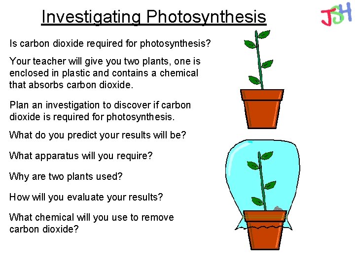 Investigating Photosynthesis Is carbon dioxide required for photosynthesis? Your teacher will give you two