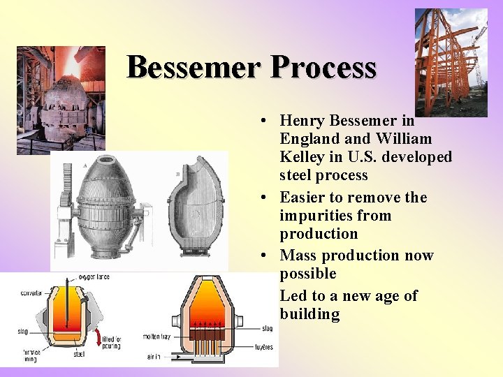 Bessemer Process • Henry Bessemer in England William Kelley in U. S. developed steel Bessemer Process • Henry Bessemer in England William Kelley in U. S. developed steel