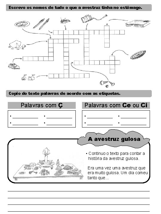 Escrevo os nomes de tudo o que a avestruz tinha no estômago. Copio do