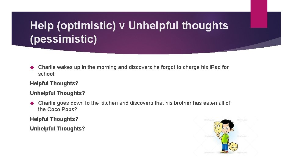 Help (optimistic) v Unhelpful thoughts (pessimistic) Charlie wakes up in the morning and discovers